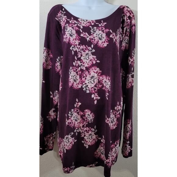 Chico's Burgundy Floral Print Round Neck Top 3 XL Lightweight Stretchy Soft - Picture 1 of 6